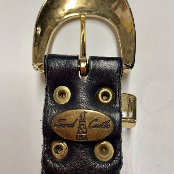 SAND CASTLE NY Belt S/M Black Leather Western Stud Engraved Buckle Vintage 80s - Picture 5 of 9